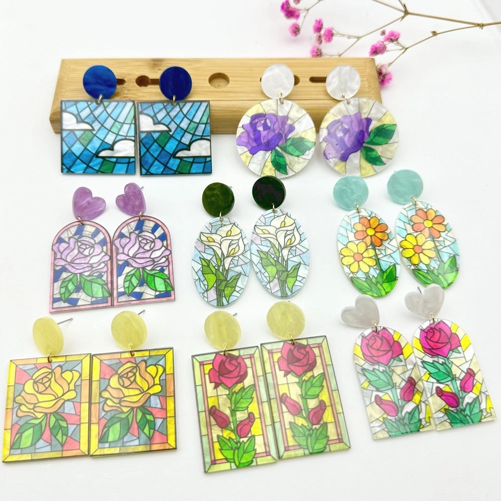 Volesar Floral Acrylic Hand Painted Oil Stud Earrings