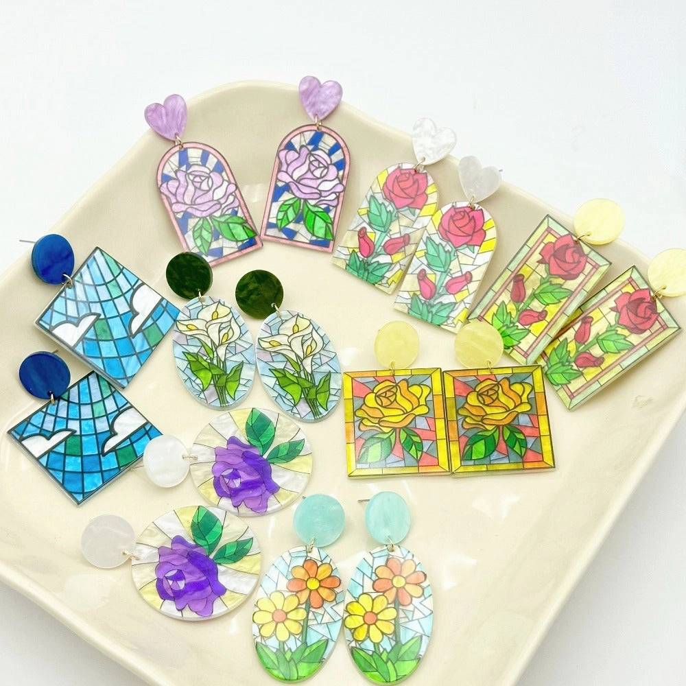 Volesar Floral Acrylic Hand Painted Oil Stud Earrings