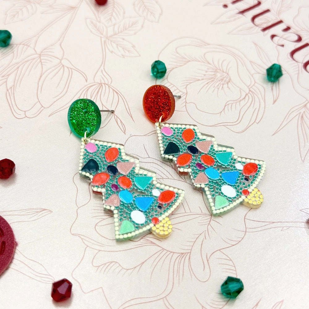 Wallesar  Creative Cartoon Santa Claus Christmas Tree Earrings
