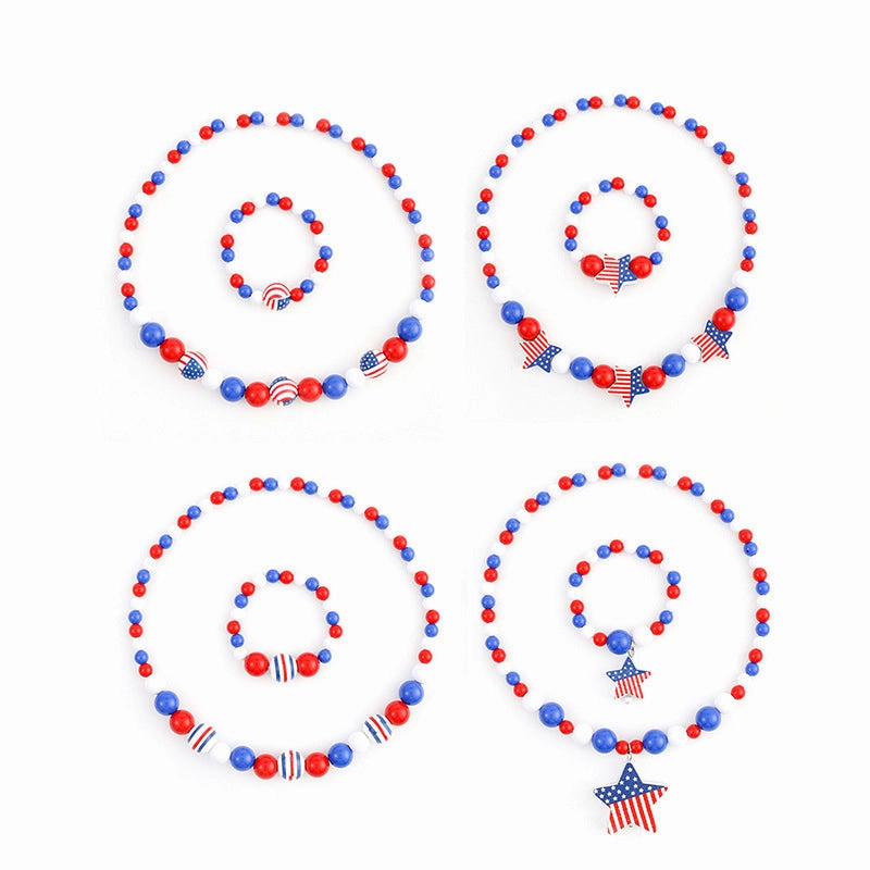 Wholesale 10PCS Independence Day Kids Wooden Beads Bracelet Necklace Set