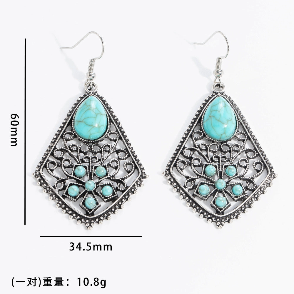 Wholesale 10pcs Vintage turquoise earrings geometric inlay Bohemian alloy personality earrings