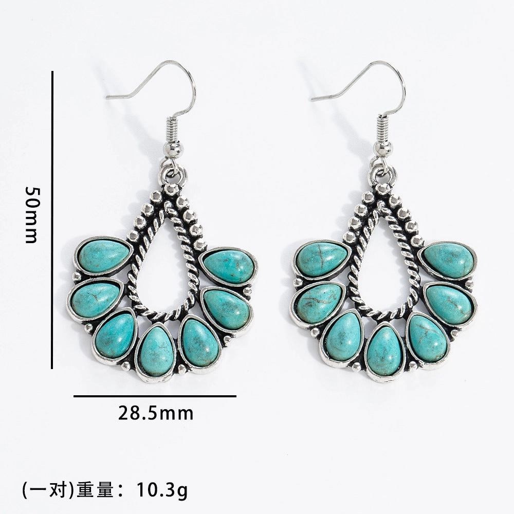 Wholesale 10pcs Vintage turquoise earrings geometric inlay Bohemian alloy personality earrings