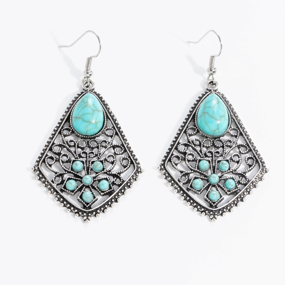 Wholesale 10pcs Vintage turquoise earrings geometric inlay Bohemian alloy personality earrings
