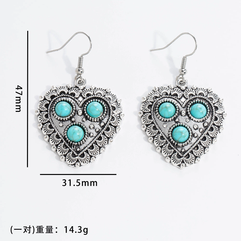 Wholesale 10pcs Vintage turquoise earrings geometric inlay Bohemian alloy personality earrings