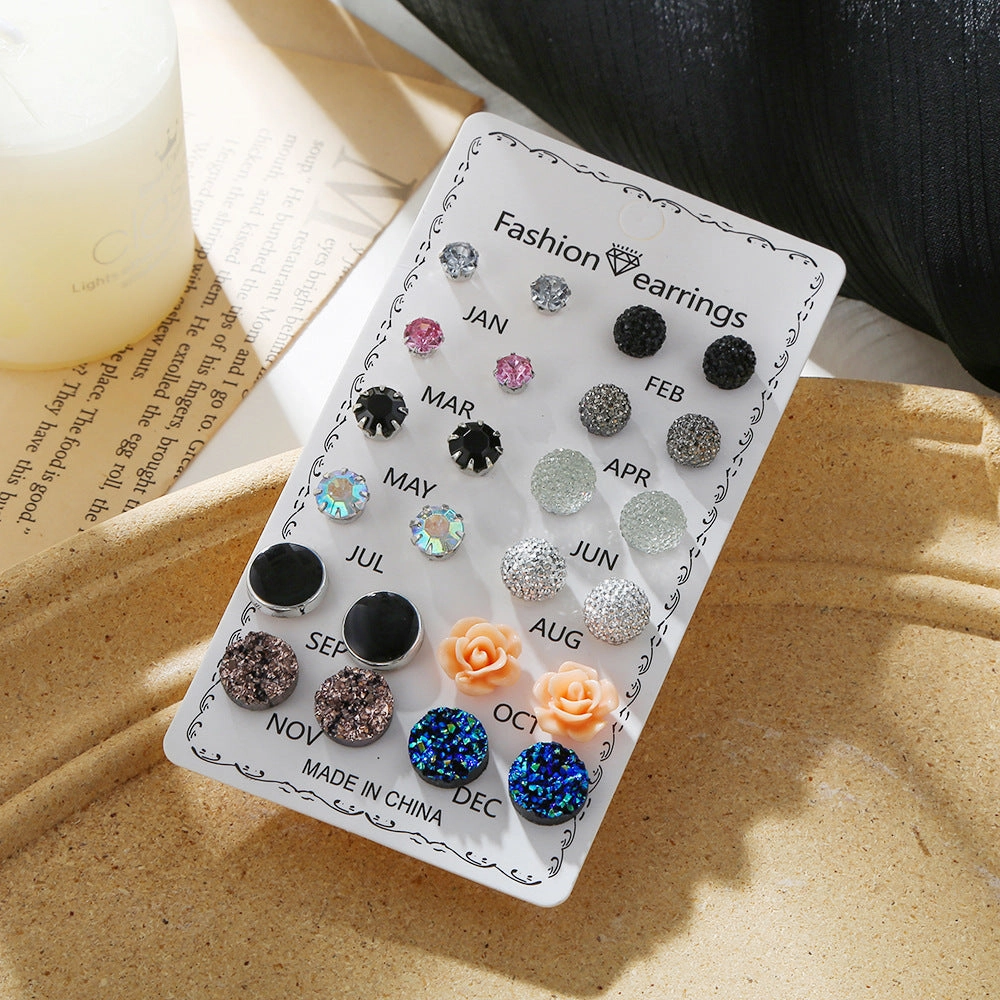 Wholesale 12 Pair Set Large Diamond Small Diamond Pearl Metal Earrings Set
