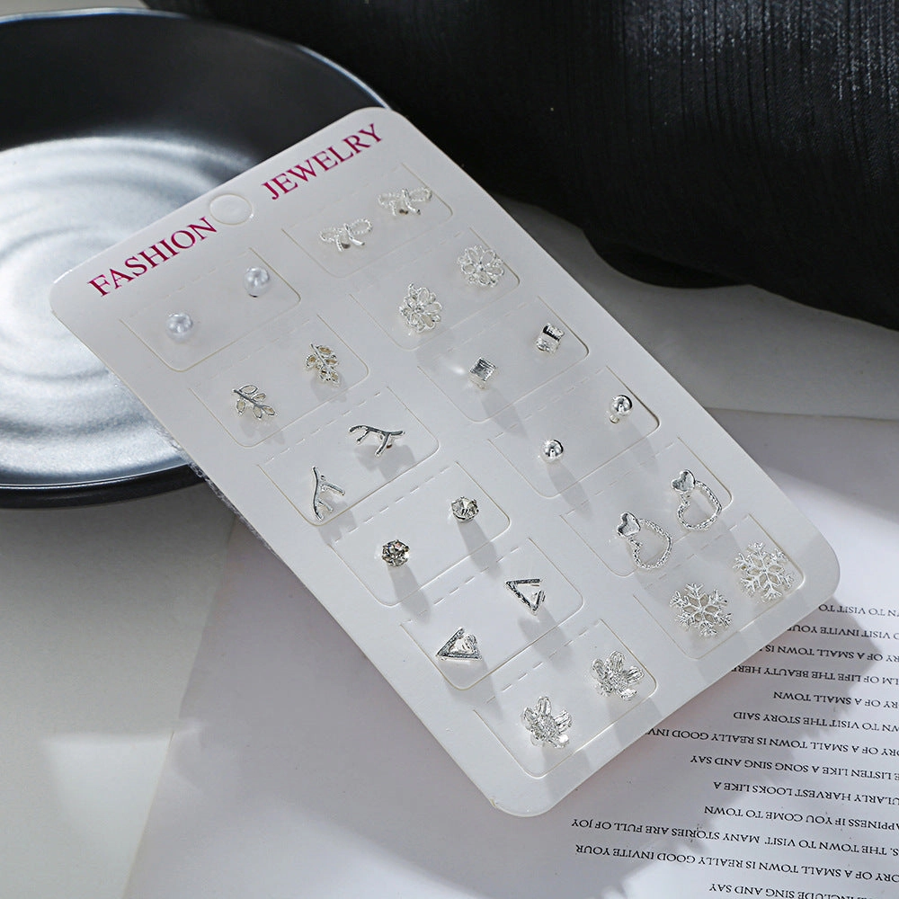 Wholesale 12 Pair Set Large Diamond Small Diamond Pearl Metal Earrings Set