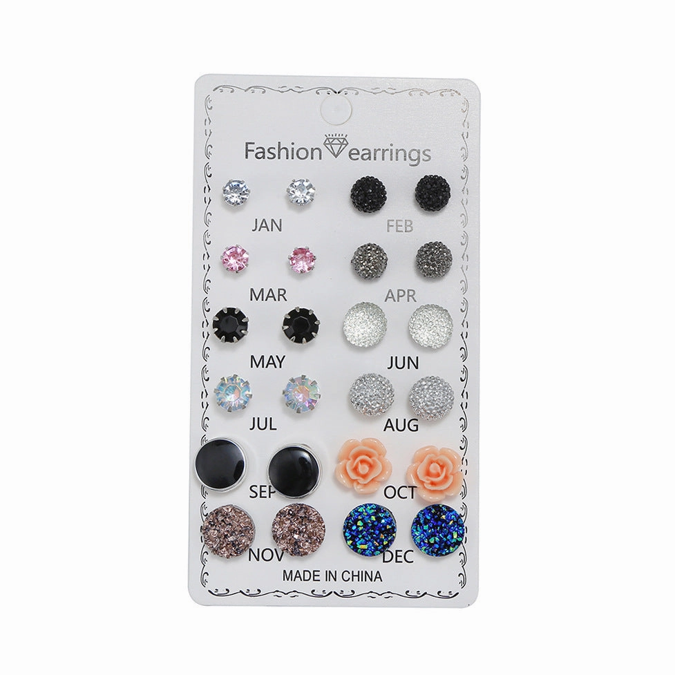 Wholesale 12 Pair Set Large Diamond Small Diamond Pearl Metal Earrings Set