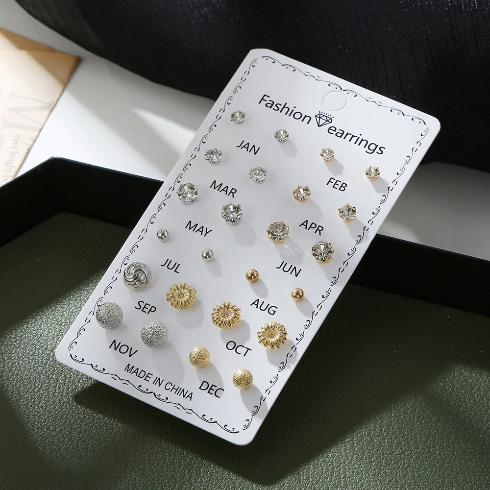 Wholesale 12 Pair Set Large Diamond Small Diamond Pearl Metal Earrings Set
