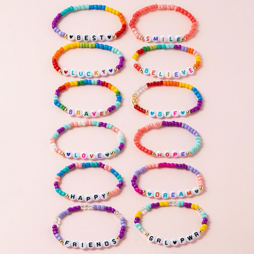 Wholesale 12pcs Boho Alphabet Encouragement Rice Beads Colorful Bracelet for Kids
