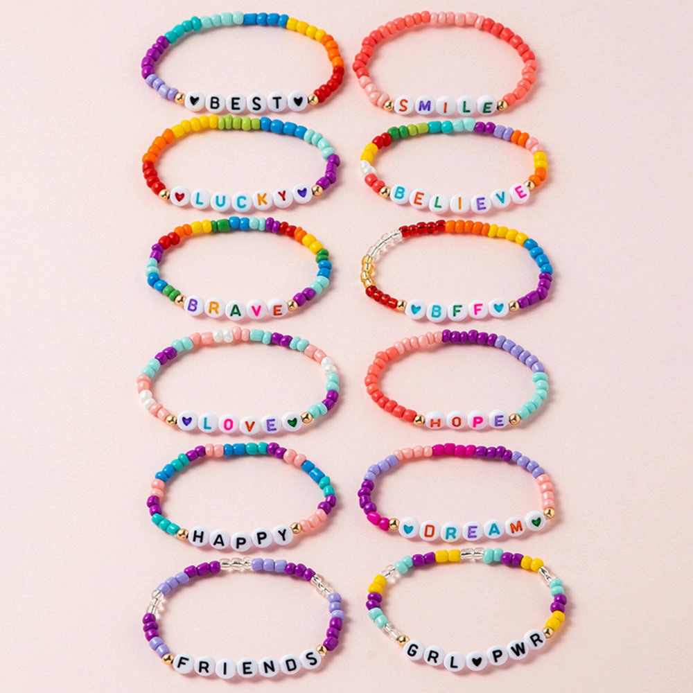 Wholesale 12pcs Boho Alphabet Encouragement Rice Beads Colorful Bracelet for Kids
