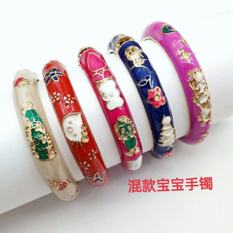 Wholesale 12pcs Old Beijing Cloisonne Inlaid Cat's Eye Alloy Open Bracelet