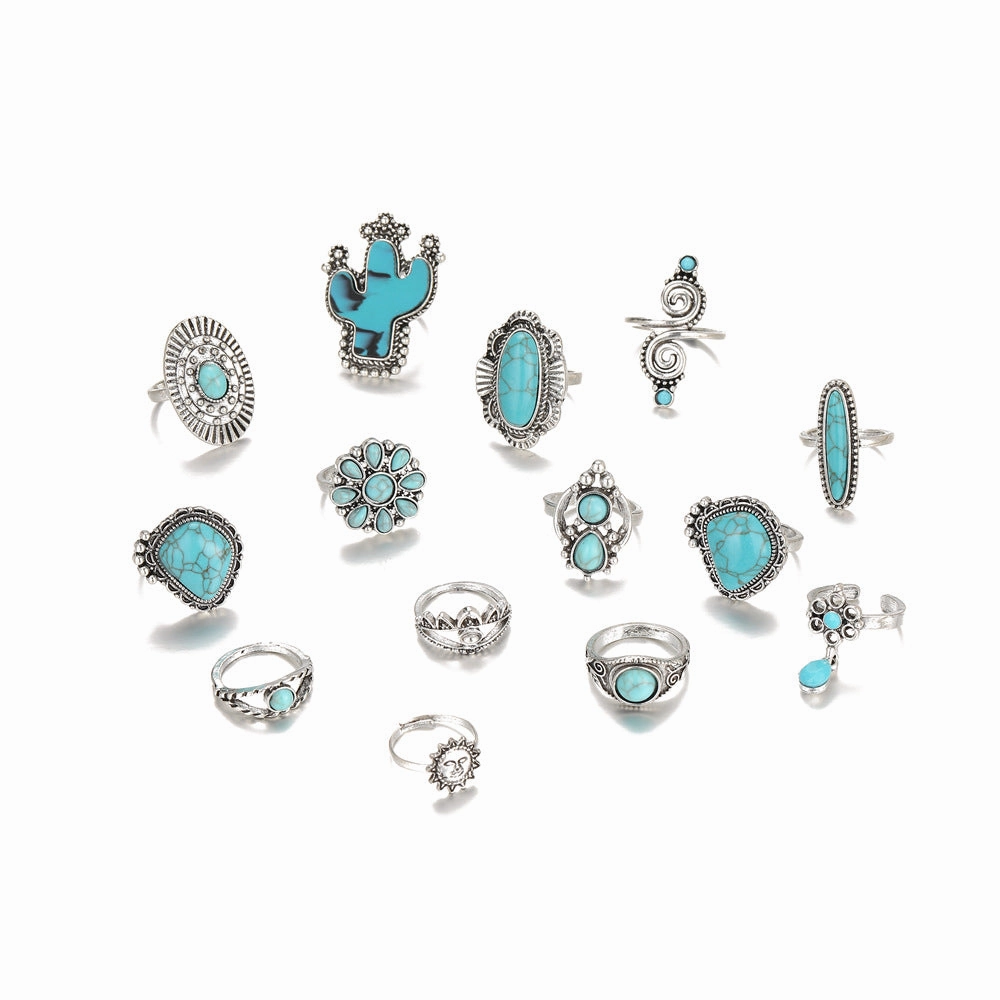 Wholesale 14pcs Vintage Bohemian Style Turquoise Cactus Carved Ring
