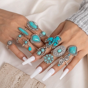 Wholesale 14pcs Vintage Bohemian Style Turquoise Cactus Carved Ring