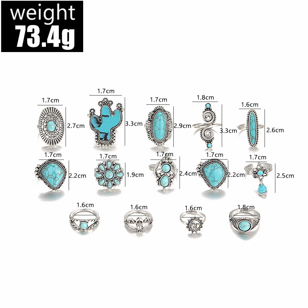 Wholesale 14pcs Vintage Bohemian Style Turquoise Cactus Carved Ring