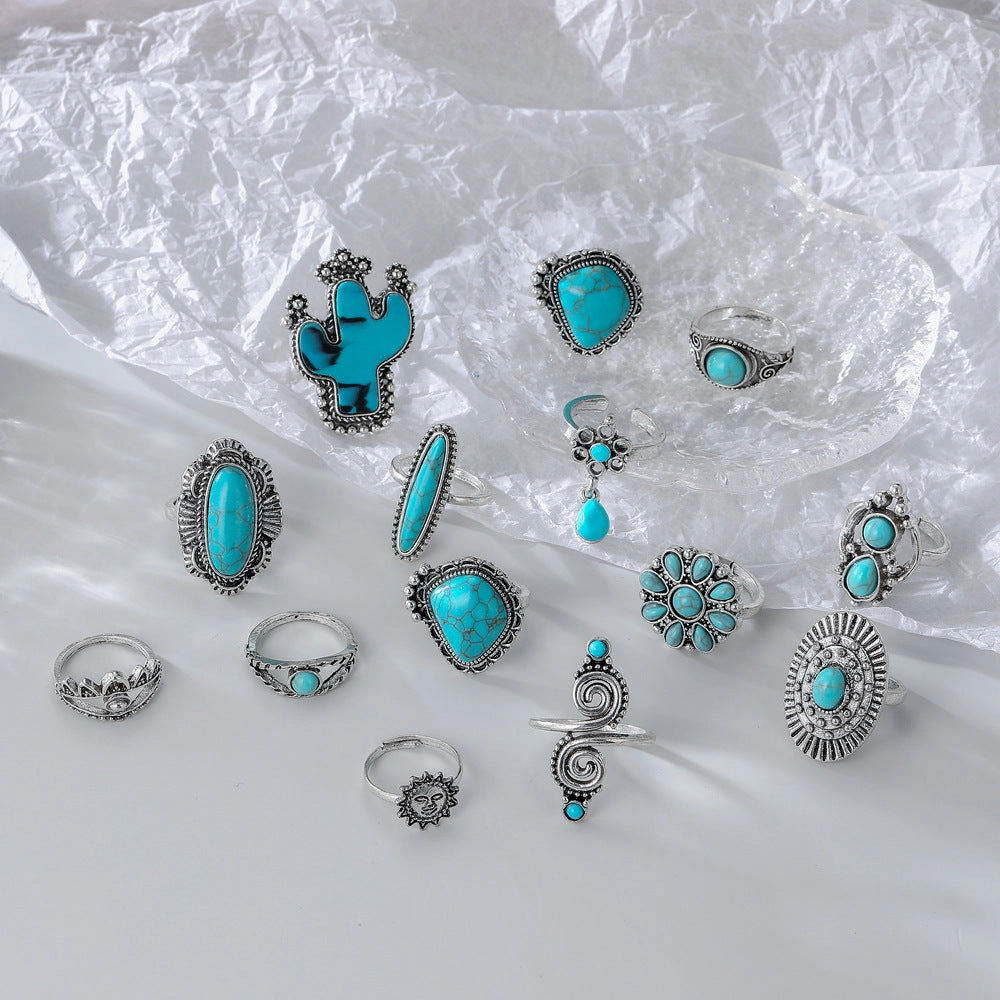 Wholesale 14pcs Vintage Bohemian Style Turquoise Cactus Carved Ring