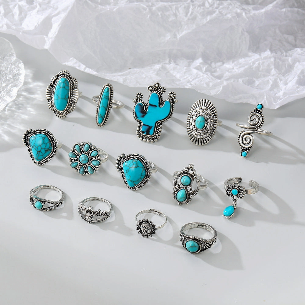Wholesale 14pcs Vintage Bohemian Style Turquoise Cactus Carved Ring