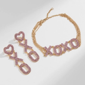 Wholesale 15PCS Valentine's Day Series Pink XOXO Necklace and Earrings Set