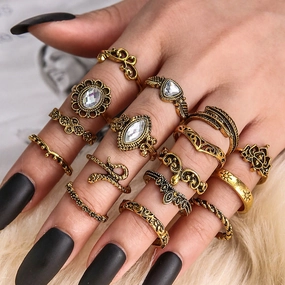 Wholesale 16pcs Retro Exaggerated Hollow Carved Snake Feather Gemstone Ring