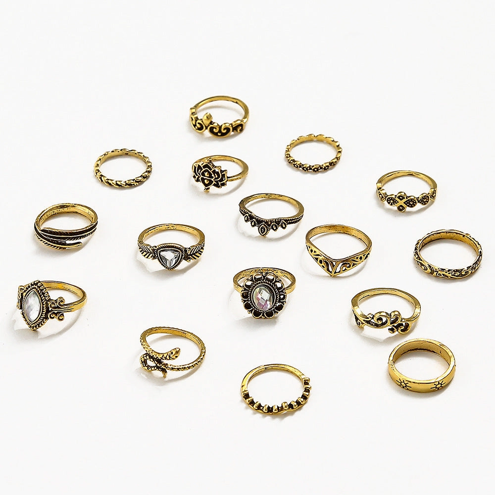 Wholesale 16pcs Retro Exaggerated Hollow Carved Snake Feather Gemstone Ring