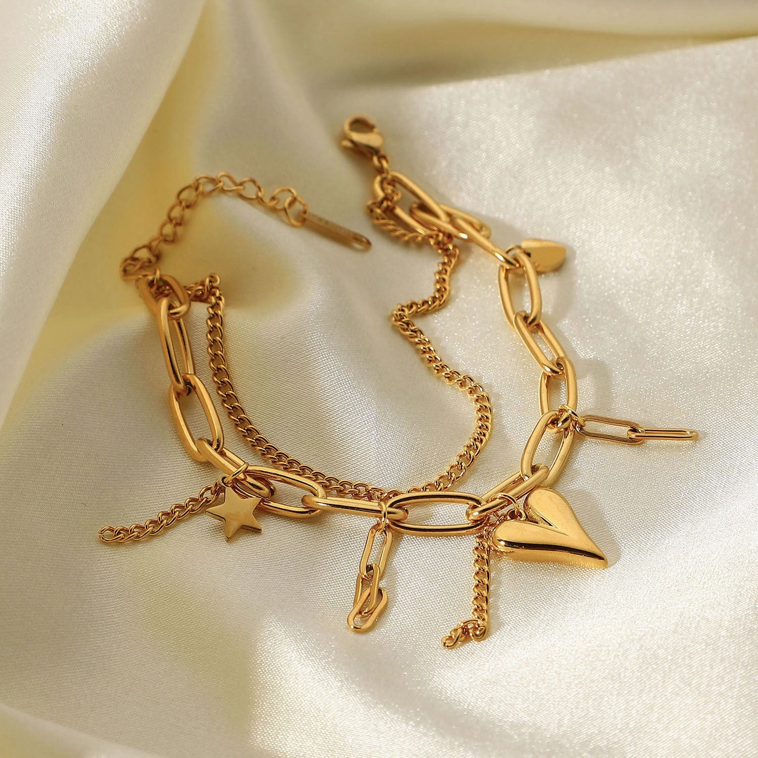Wholesale 18K Electroplating Stainless Steel Gold Three-dimensional Love Star Pendant Double Layer Bracelet