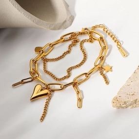 Wholesale 18K Electroplating Stainless Steel Gold Three-dimensional Love Star Pendant Double Layer Bracelet