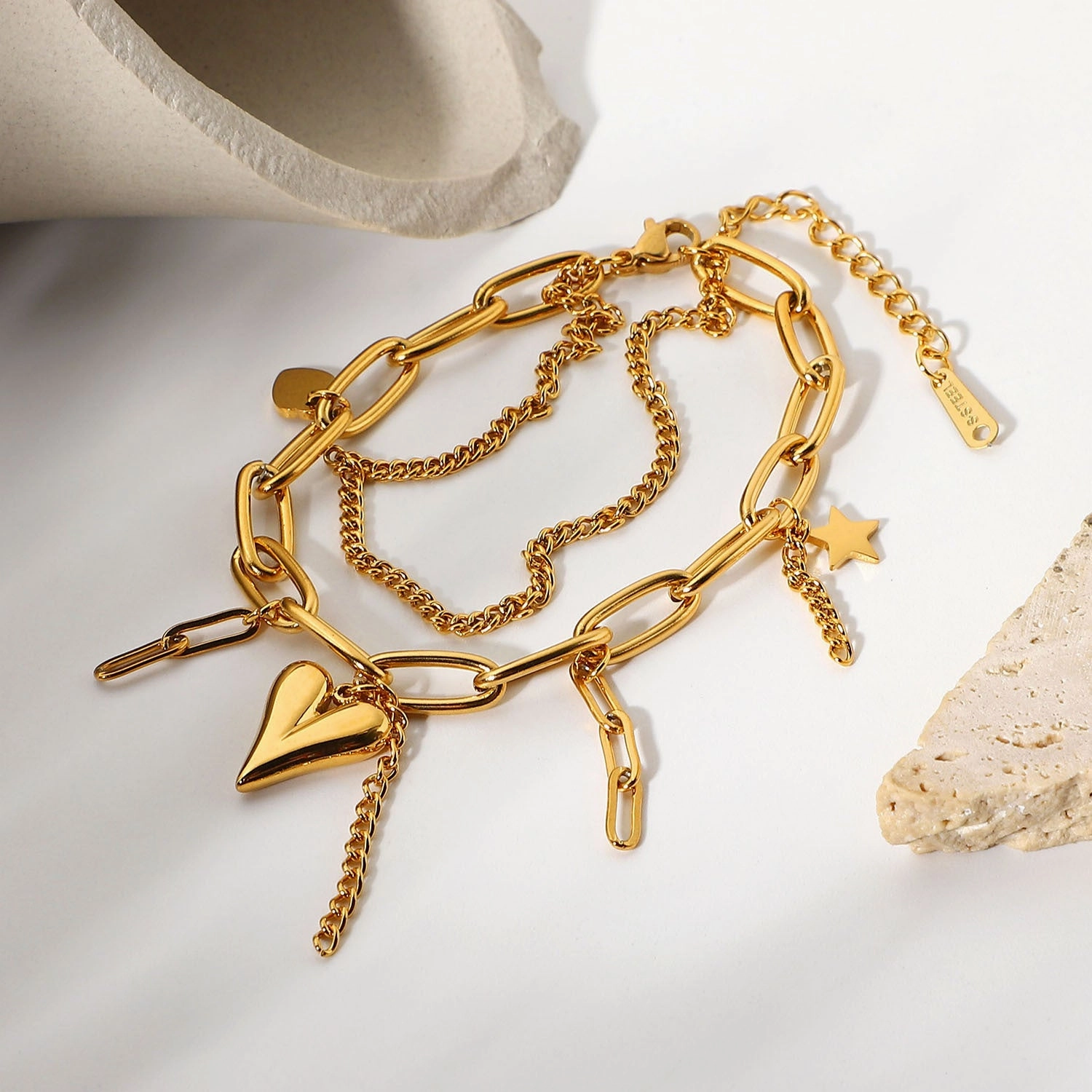 Wholesale 18K Electroplating Stainless Steel Gold Three-dimensional Love Star Pendant Double Layer Bracelet