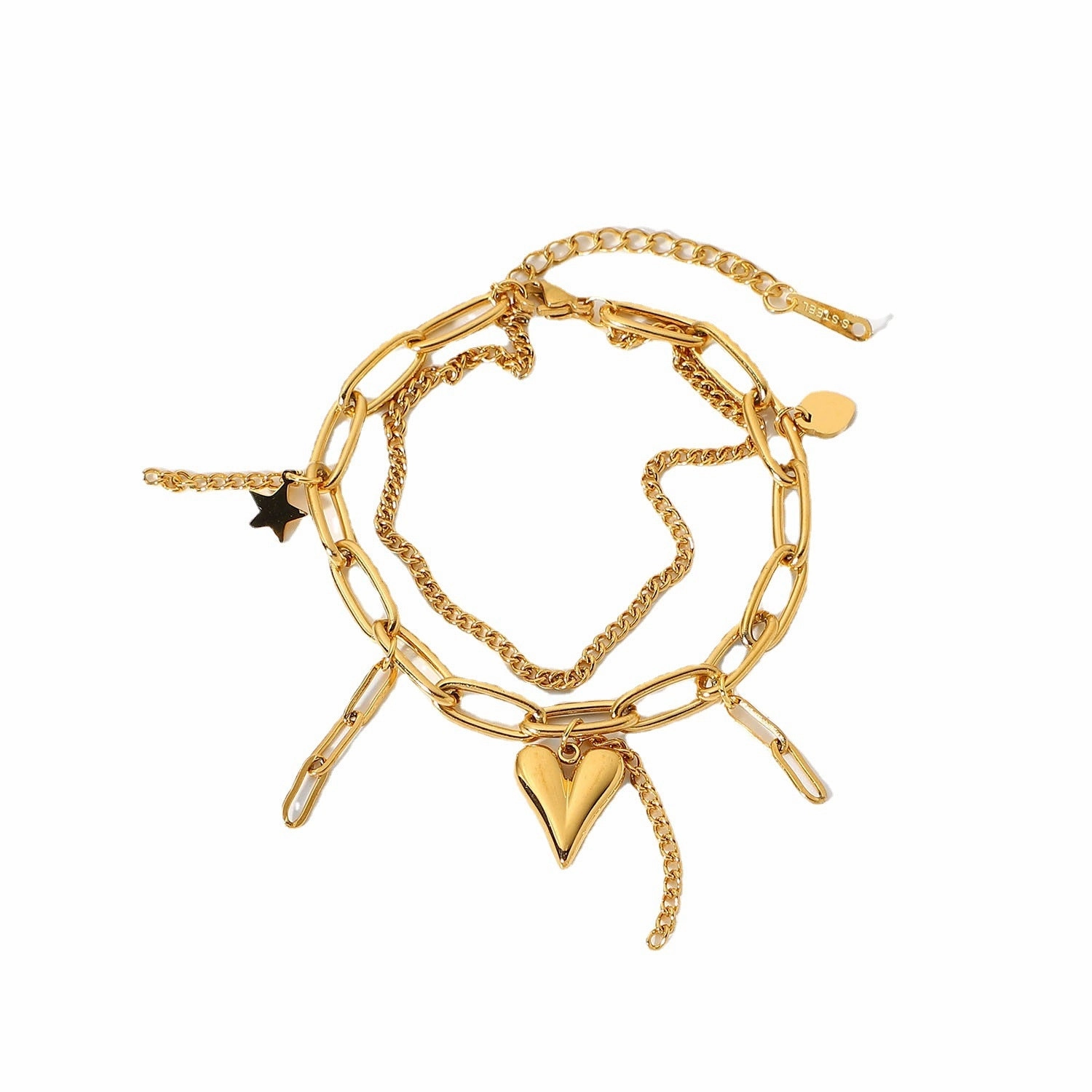 Wholesale 18K Electroplating Stainless Steel Gold Three-dimensional Love Star Pendant Double Layer Bracelet