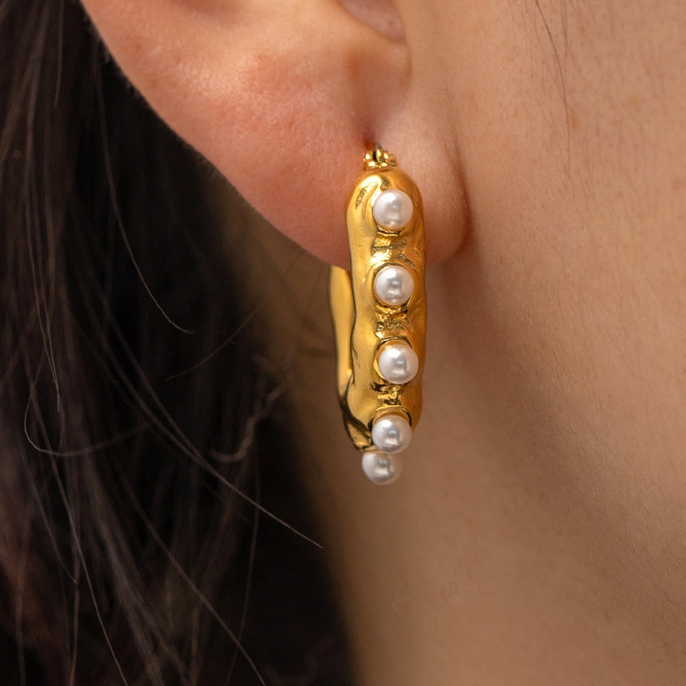 Wholesale 18k Gold Frosted Geometric Pearl Earrings Stainless Steel