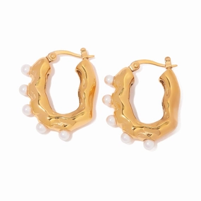 Wholesale 18k Gold Frosted Geometric Pearl Earrings Stainless Steel