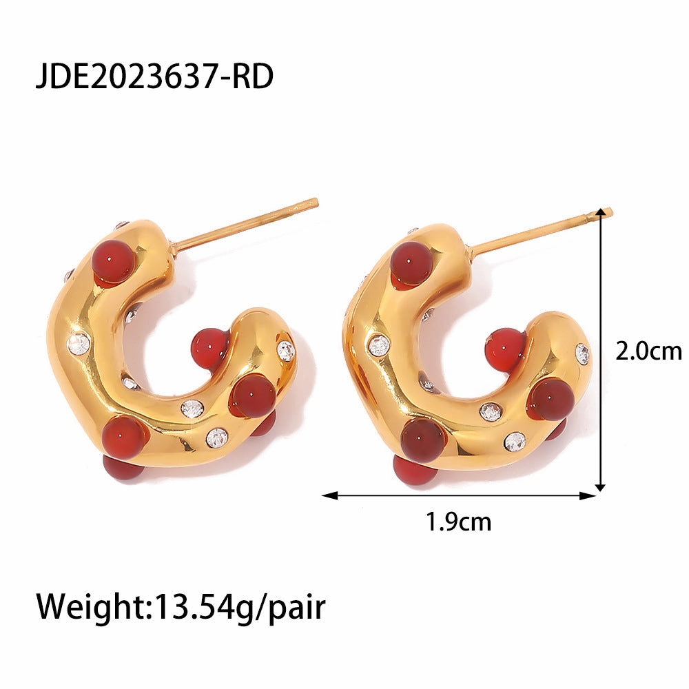 Wholesale 18k Gold Onyx Stone C Shape Earrings Stainless Steel