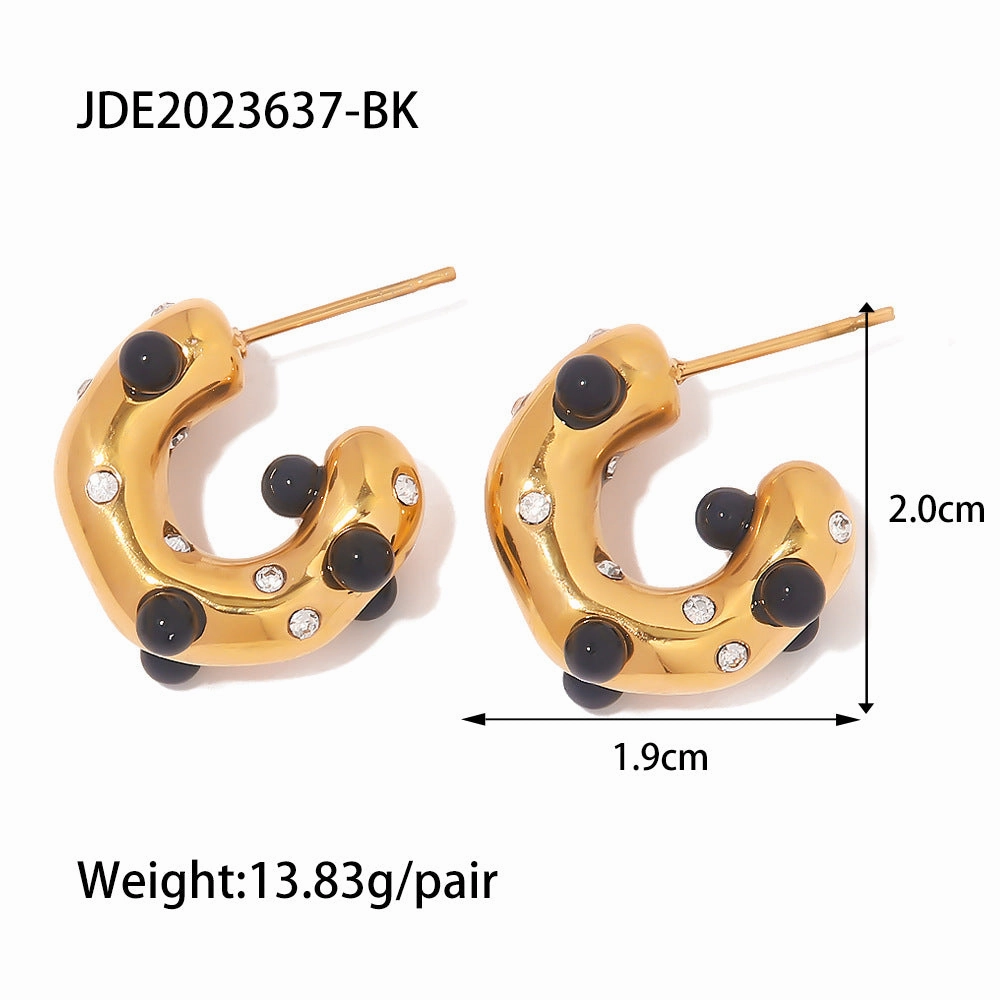 Wholesale 18k Gold Onyx Stone C Shape Earrings Stainless Steel