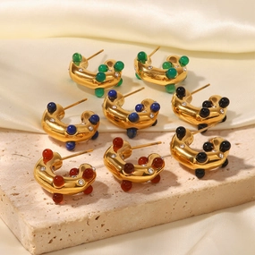 Wholesale 18k Gold Onyx Stone C Shape Earrings Stainless Steel