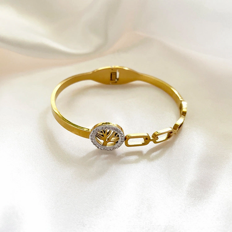 Wholesale 18K Gold Plated Geometric Disc Set with Diamond Tree Hollow Titanium Steel Bracelet
