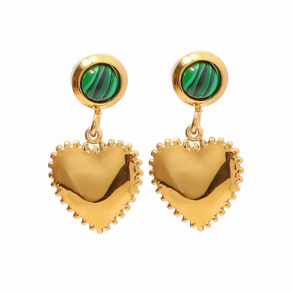 Wholesale 18K Gold Plated Malachite Heart Earrings Stainless Steel