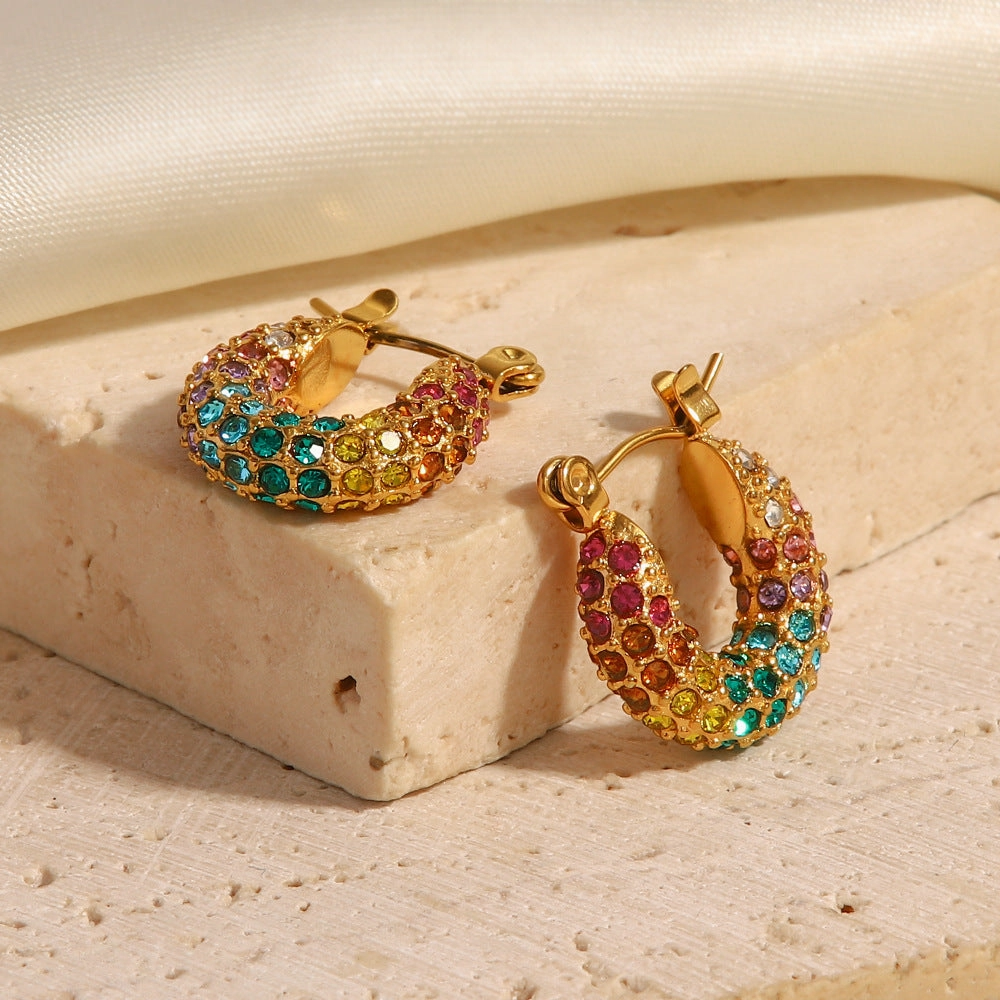 Wholesale 18K Gold Plated Pave Colorful Full Diamond Earrings Stainless Steel