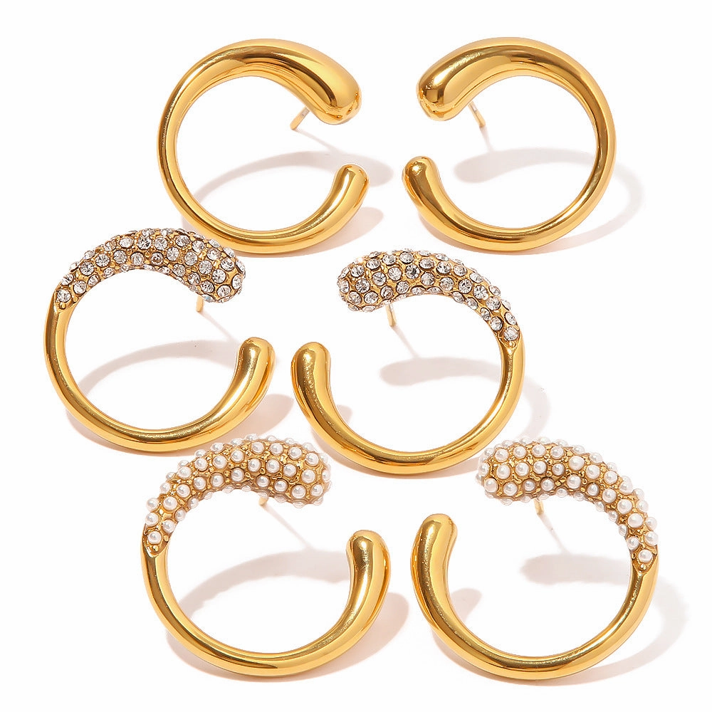 Wholesale 18K Gold Plated Pearl/White Diamond Earrings Stainless Steel