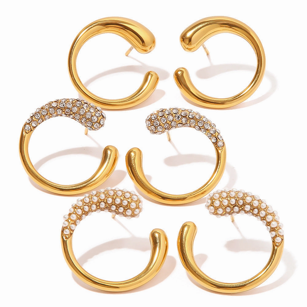 Wholesale 18K Gold Plated Pearl/White Diamond Earrings Stainless Steel
