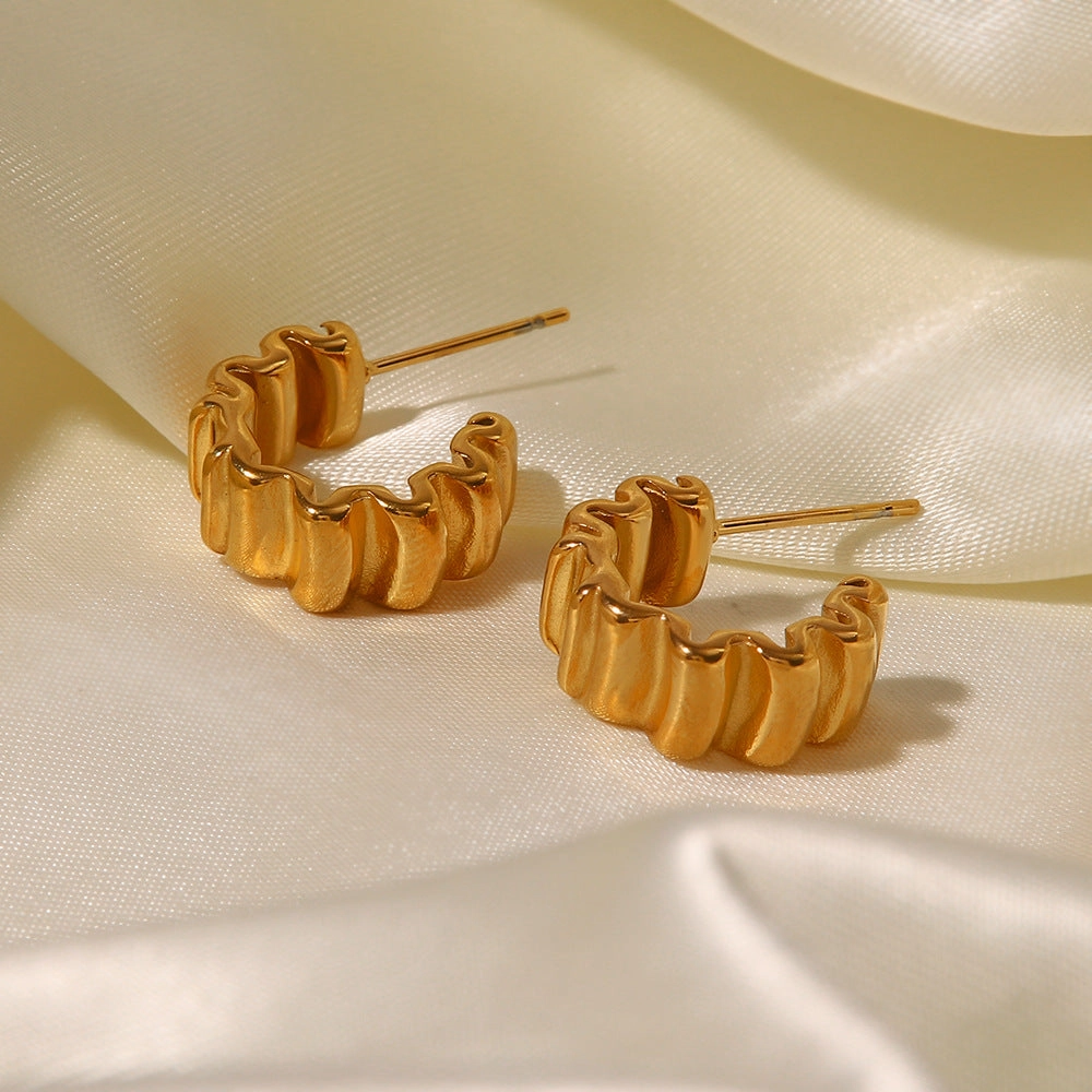 Wholesale 18K Gold Plated Pleated C Shape Earrings Stainless Steel