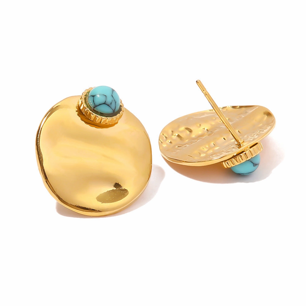 Wholesale 18K Gold Plated Round Lapis Lazuli Earrings Stainless Steel