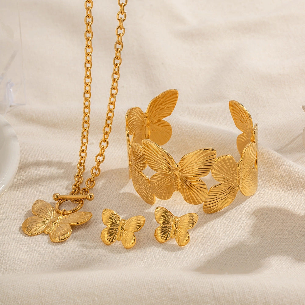 Wholesale 18k Gold-plated Stainless Steel Butterfly Necklace Bracelet Earring Set