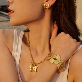 Wholesale 18k Gold-plated Stainless Steel Butterfly Necklace Bracelet Earring Set