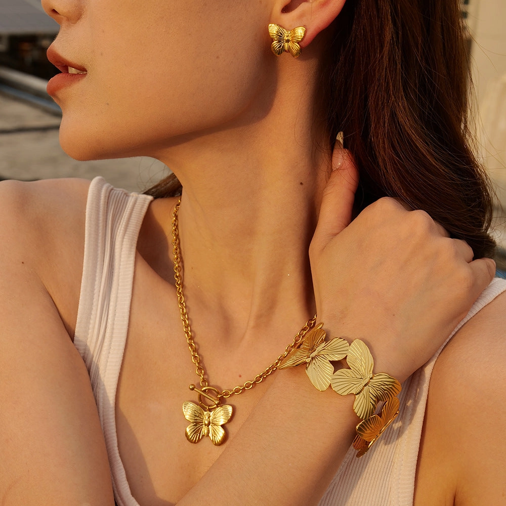 Wholesale 18k Gold-plated Stainless Steel Butterfly Necklace Bracelet Earring Set
