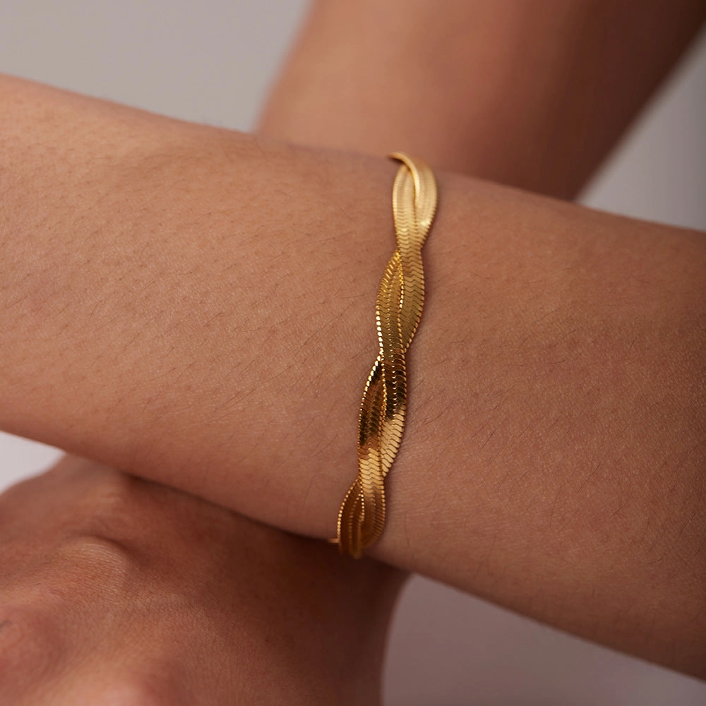 Wholesale 18k Gold-plated Stainless Steel Double Cross Snake Chain Bracelet