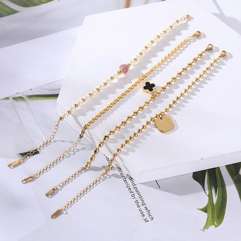 Wholesale 18K gold-plated titanium steel trendy simple geometric tag round bead chain bracelet