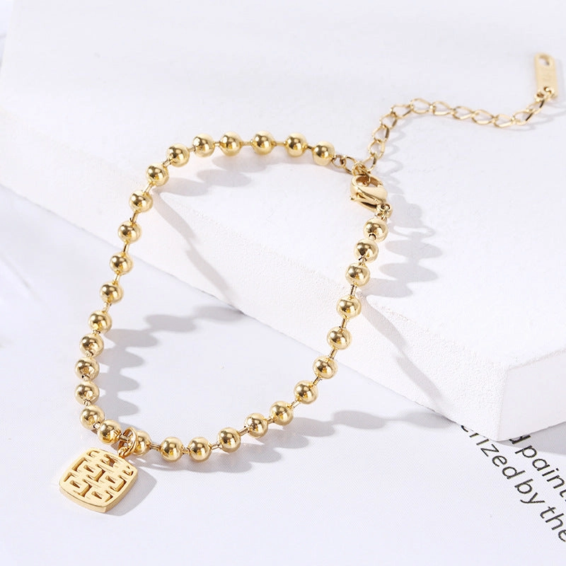 Wholesale 18K gold-plated titanium steel trendy simple geometric tag round bead chain bracelet