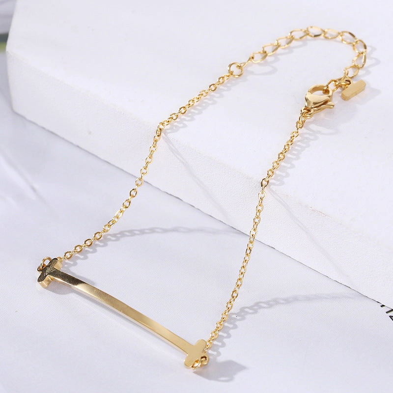 Wholesale 18K gold-plated titanium steel trendy simple geometric tag round bead chain bracelet