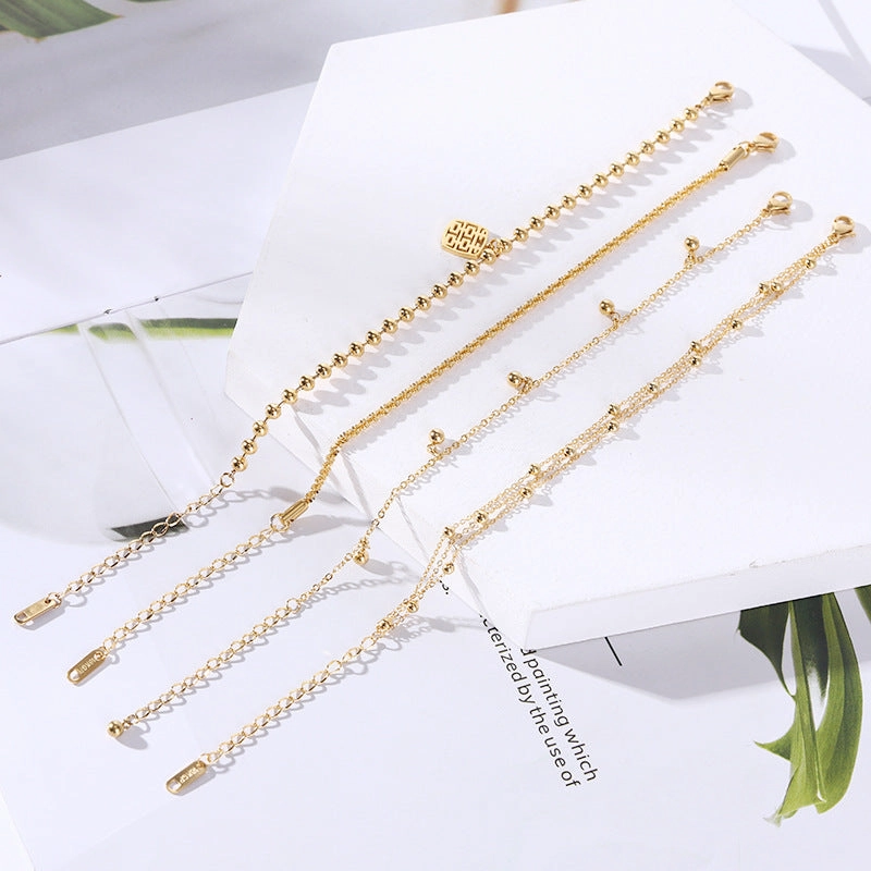 Wholesale 18K gold-plated titanium steel trendy simple geometric tag round bead chain bracelet