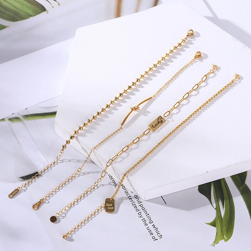 Wholesale 18K gold-plated titanium steel trendy simple geometric tag round bead chain bracelet