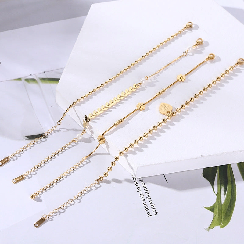 Wholesale 18K gold-plated titanium steel trendy simple geometric tag round bead chain bracelet