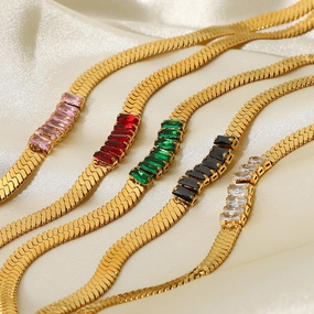 Wholesale 18K Gold Plated Zircon Stainless Steel Snake Bone Chain Necklace Bracelet Jewelry Set